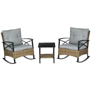 3-Piece Light Gray Wicker Outdoor Bistro Set with 2-Cushioned Porch Rockers and 2-Tier Coffee Table