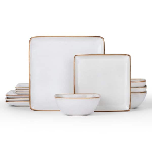 12-Piece Square Stoneware Dinnerware Set for 4, Reactive Glaze, Seashell White Set for Home Kitchen