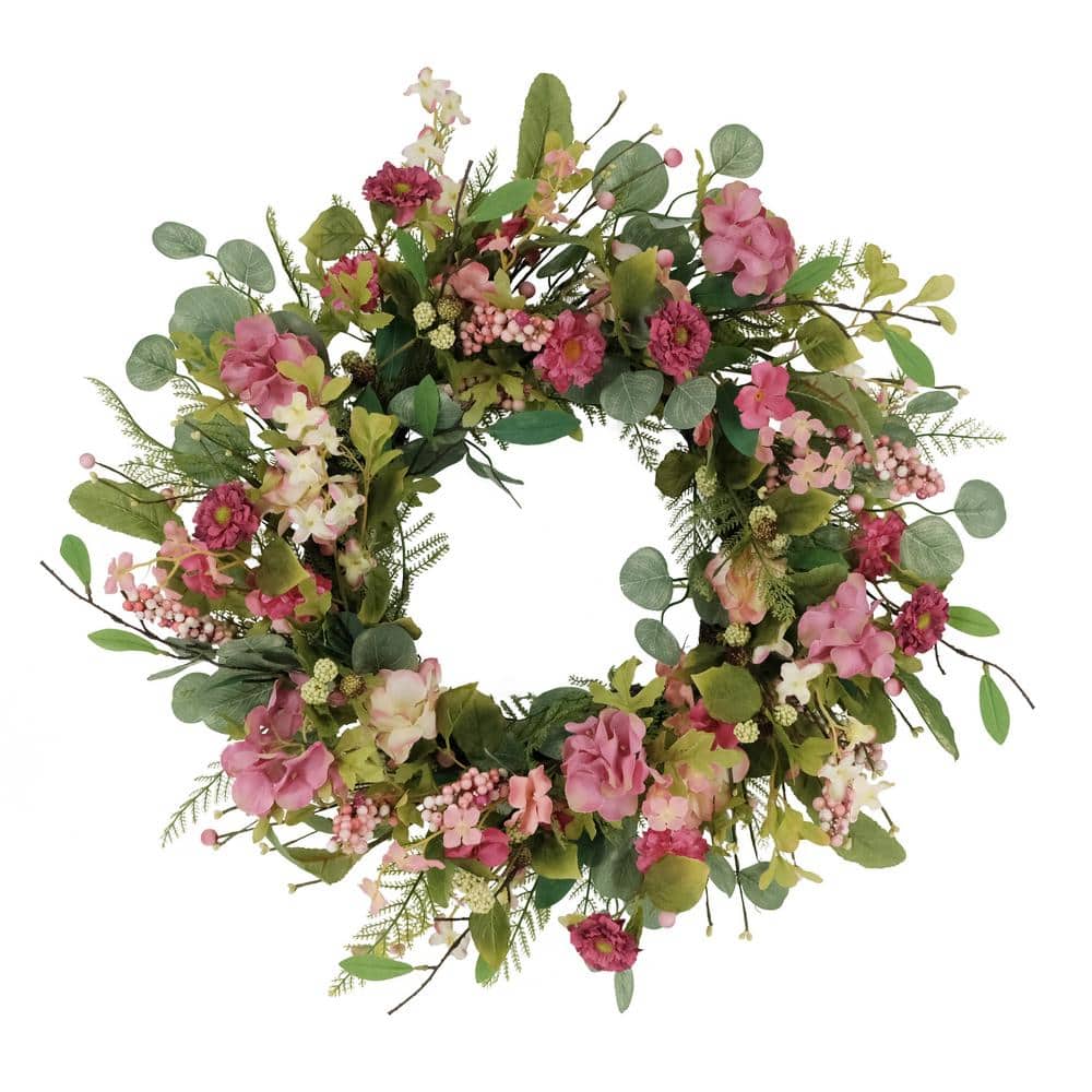 24" Pink and Green Artificial Floral Spring Wreath
