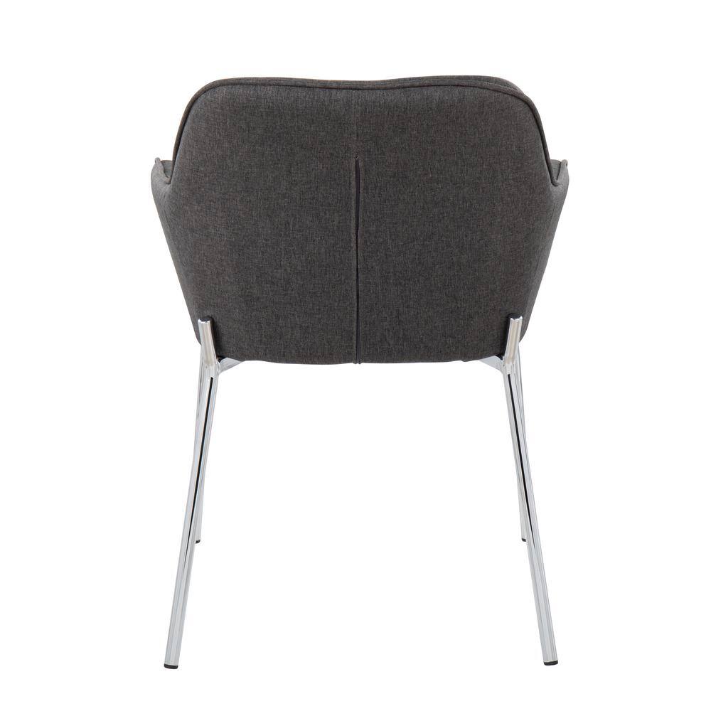 Rear view of a charcoal fabric arm chair with chrome steel legs.