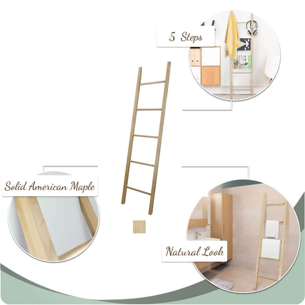 Natural Solid American Maple Decorative Ladder with Wheels