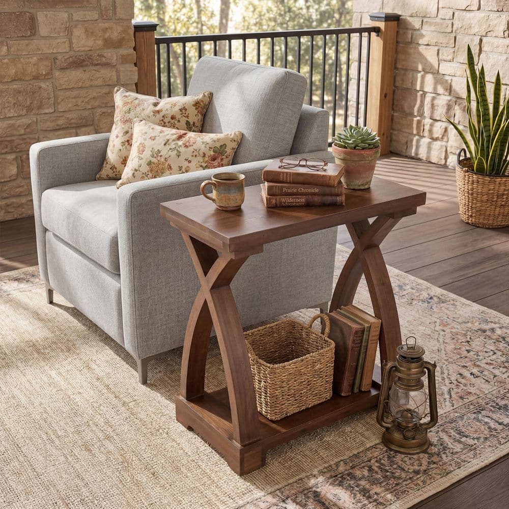 Brown 2-Tier 23.62 in. Solid Wood Rectangle End Table with Storage Shelf, Farmhouse Side Table for Living Room