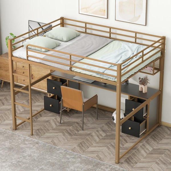 Harper & Bright Designs Gold Full Size Metal Loft Bed with Black Built-in Desk, 4-Drawers, Bedside Tray, Ladder and USB Charging Station