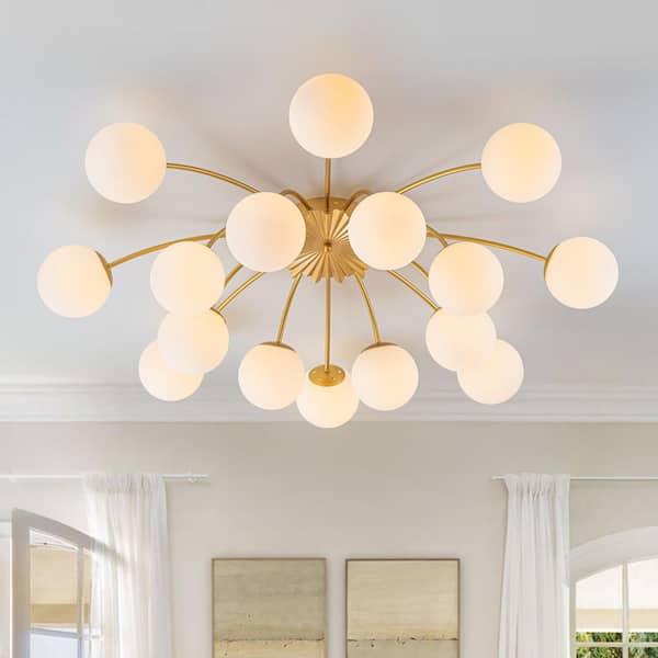 HUOKU Ceder 16-Light 43 in.W Gold Mid-Century Semi-Flush Mount
