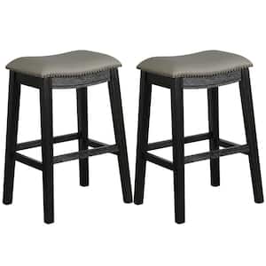 Saddle 29 in. Black Backless Wood Bar Stool Nailhead Kitchen Counter Chair Leather Seat (Set of 2)