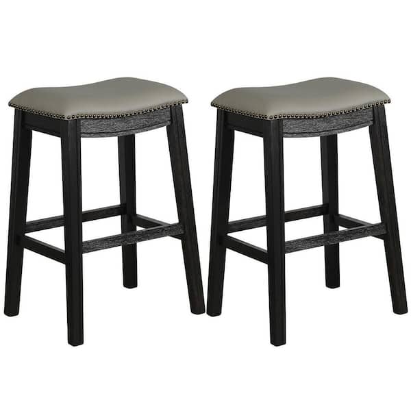 Gymax Saddle 29 In Black Backless Wood, Wooden Bar Stool With Leather Seat