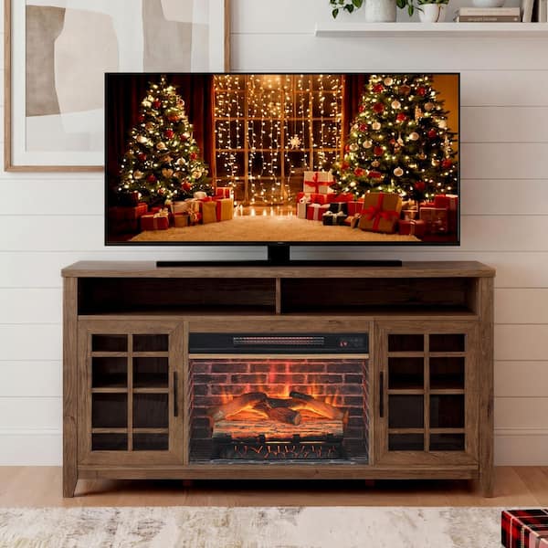 55 in. Freestanding Electric Fireplace in Brown with Electric Fireplace KD Inserts Heater and Infra Red Remote Control