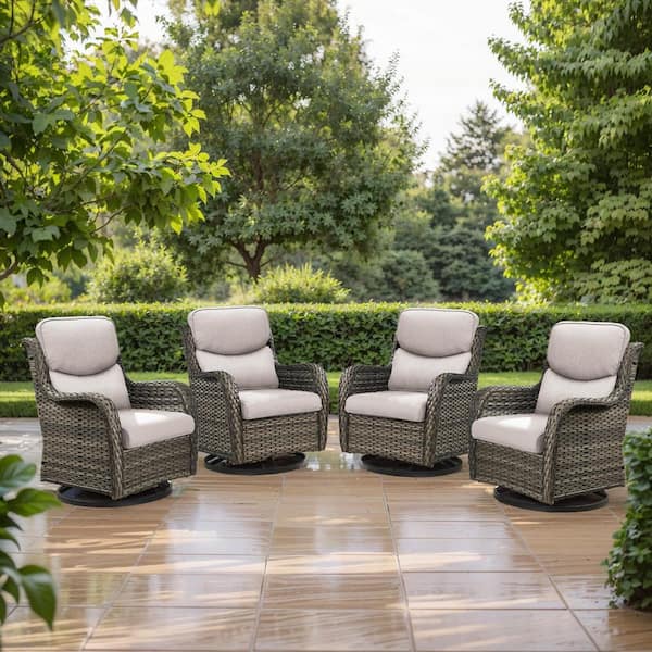 Carolina 4-Piece Gray Wicker Outdoor Swivel Glider Chairs with Thick Beige Cushion