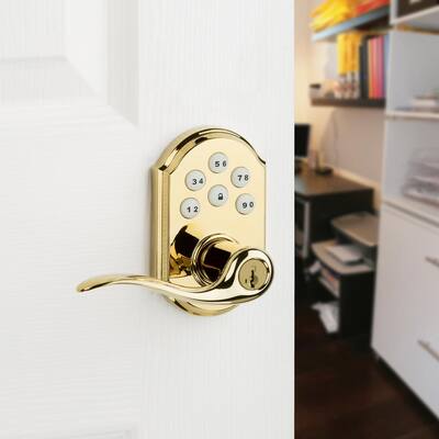 Z-Wave SmartCode Lifetime Polished Brass Electronic Tustin Door Lever Featuring SmartKey Security