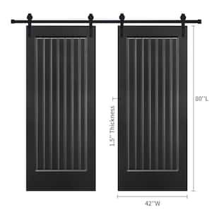 Double Modern Five Panel 42 in. x 80 in. MDF Black Barn Sliding Door With Hardware kit