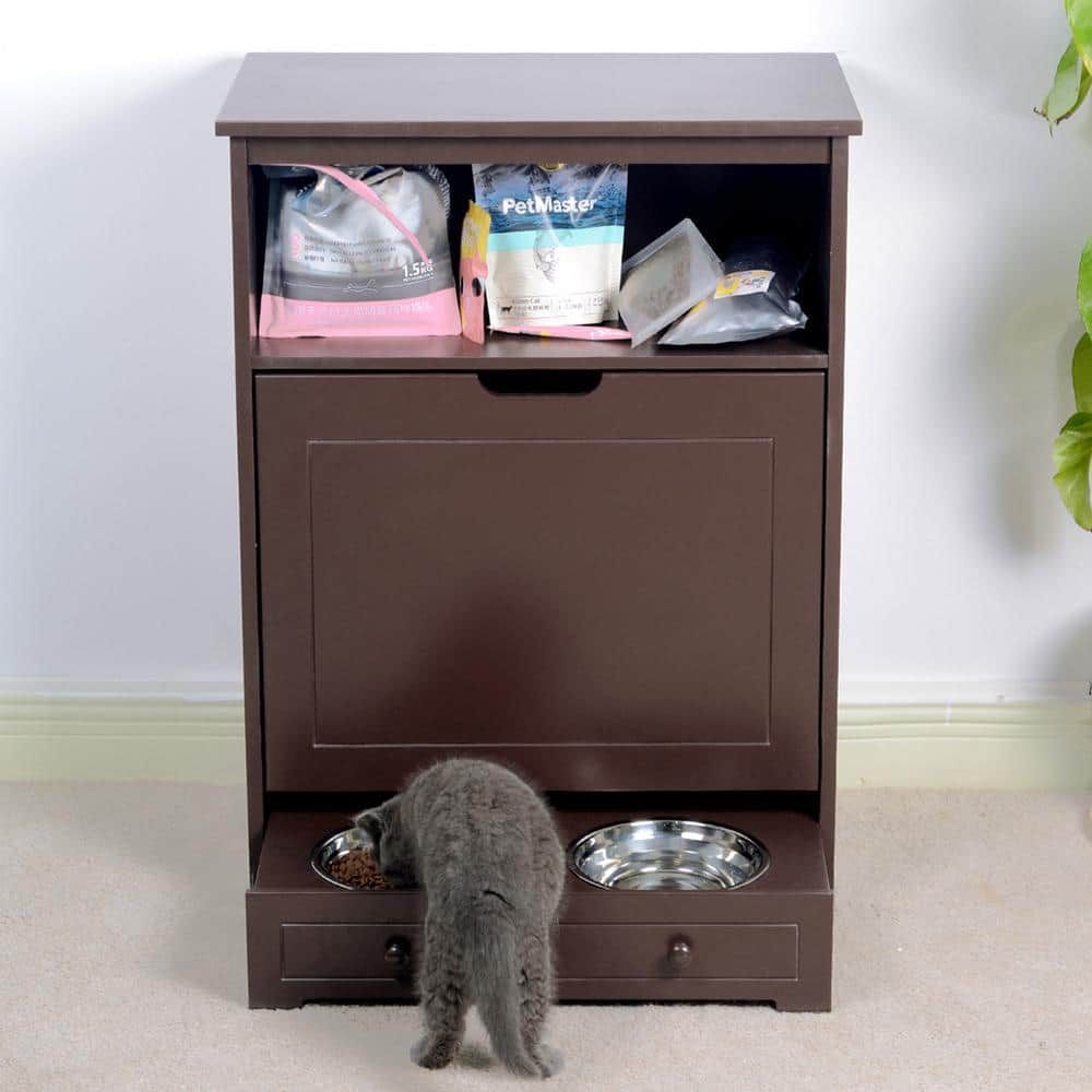 Brown MDF Elevated Dog Feeder Station with Storage