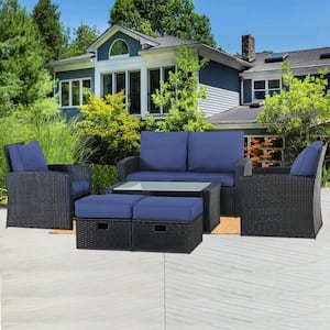 Black 6-Piece Wicker Outdoor Sectional Set with Blue Cushions