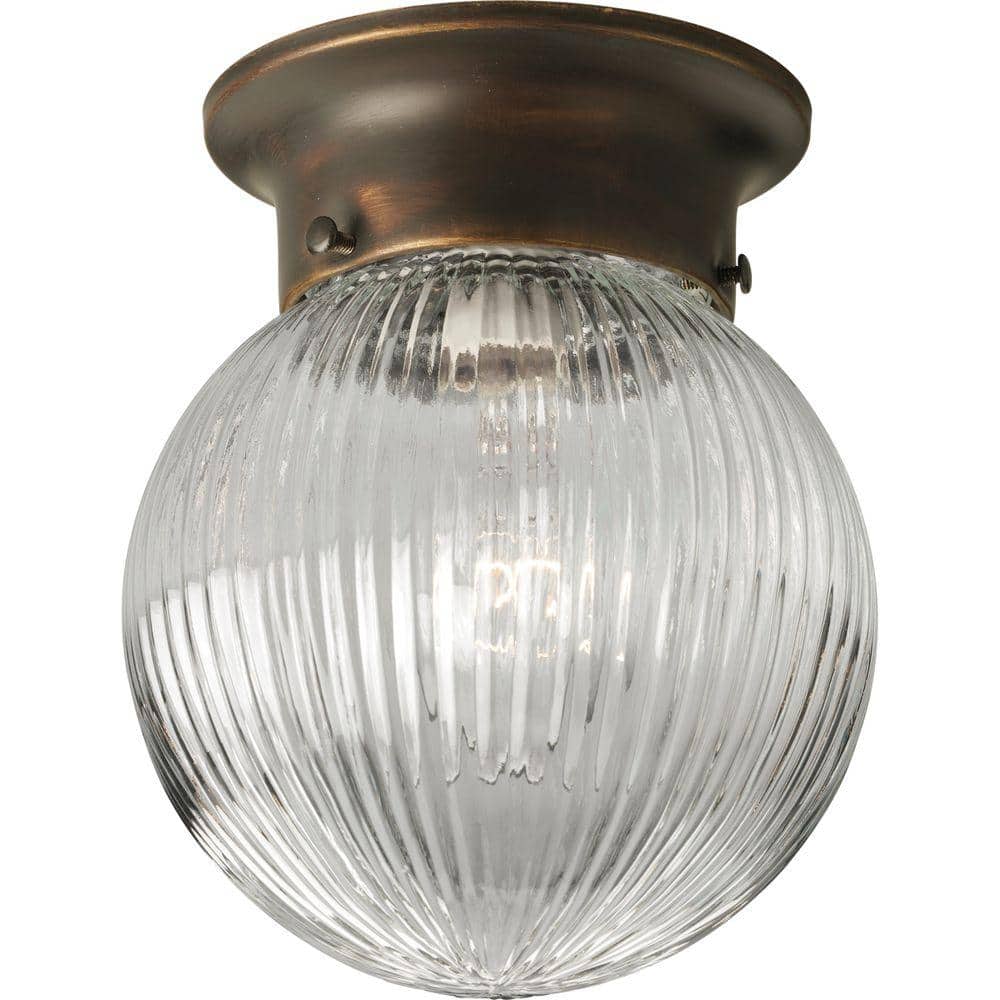 6 in. 1-Light Antique Bronze Flush Mount with Clear Ribbed Glass
