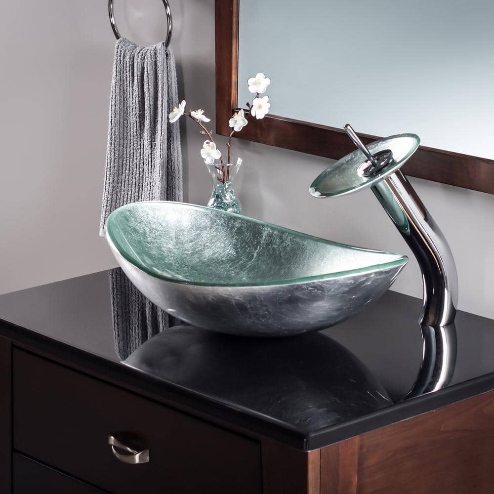 Argento Oval Silver Hand Foiled Glass Slipper Vessel Sink with Faucet and Drain in Brushed Nickel price history on PriceWatchPro