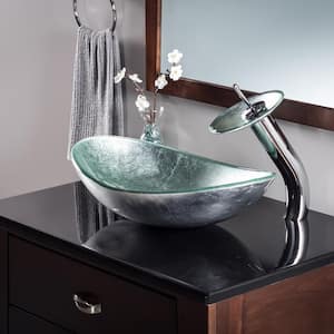 Argento Oval Silver Hand Foiled Glass Slipper Vessel Sink with Faucet and Drain in Brushed Nickel