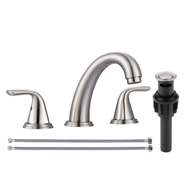 8 in. Widespread Double Handle High Arc Bathroom Faucet with Pop Up Drain Kit and Supply Lines in Brushed Nickel