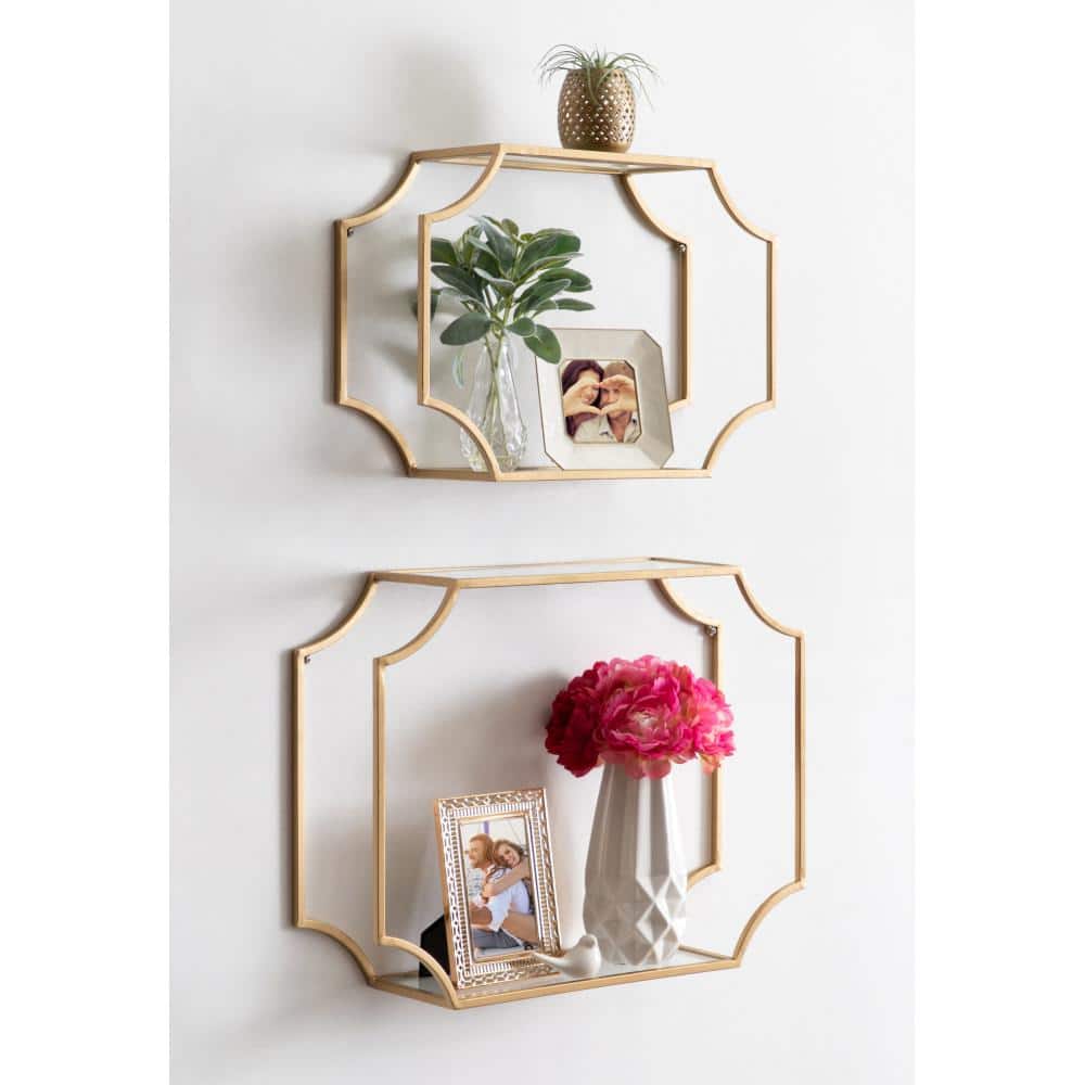 Gold Metal and Glass Floating Wall Shelf Set