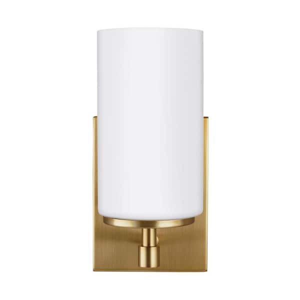 Generation Lighting - Alturas 4.375 in. Satin Brass Modern Contemporary Wall Sconce Vanity Light with Satin Etched Glass Shade and LED Bulb