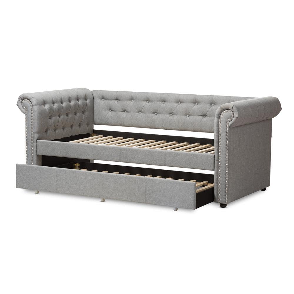 Gray Upholstered Twin Daybed with Trundle and Nailhead Trim