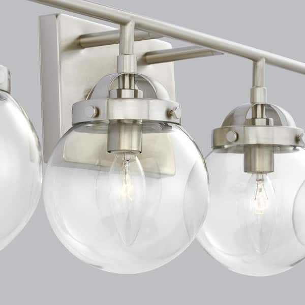 Bryce 30 in. 4-Light Brushed Nickel Modern Industrial Bathroom Vanity Light with Clear Round Globe Glass Shades