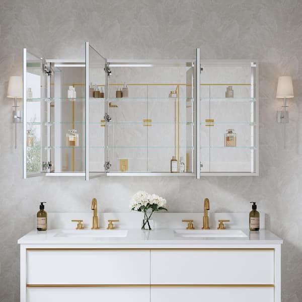 ROSA 56.1 in. W x 30 in. H Rectangular Aluminum Tri-View Medicine Cabinet with Mirror, Blum Hinge, Adjustable Shelves