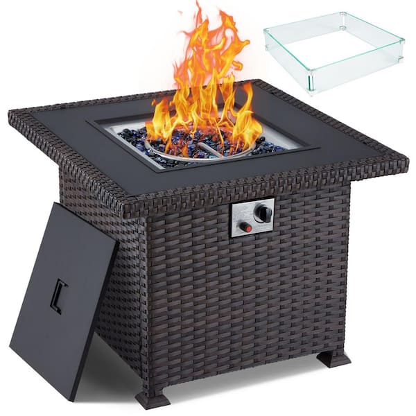 Sudzendf 32 INCH 50,000 BTU Dark Brown Auto-Ignition Outdoor Fire Pit Table with Glass Wind Guard