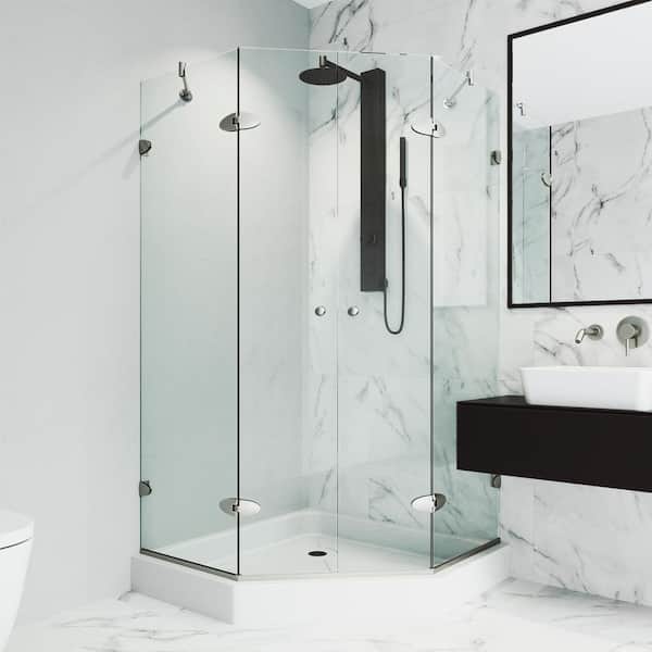 VIGO Gemini 47 in. L x 47 in. W x 79 in. H Frameless Pivot Neo-angle Shower Enclosure Kit in Brushed Nickel with Clear Glass