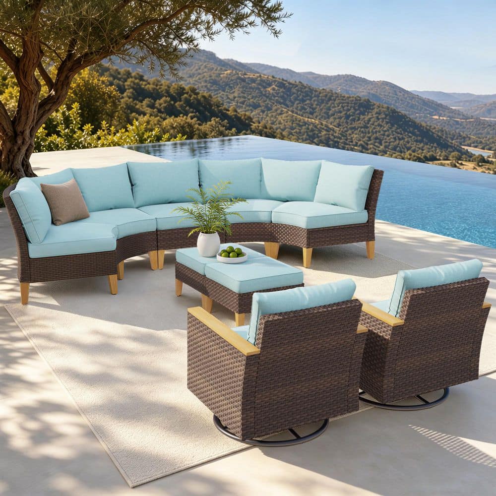 Brown Wicker Rattan 9 Seat 9-Piece Steel Outdoor Patio Conversation Set with Blue Cushion,2 Swivel Sofas and 2 Ottomans price history on PriceWatchPro