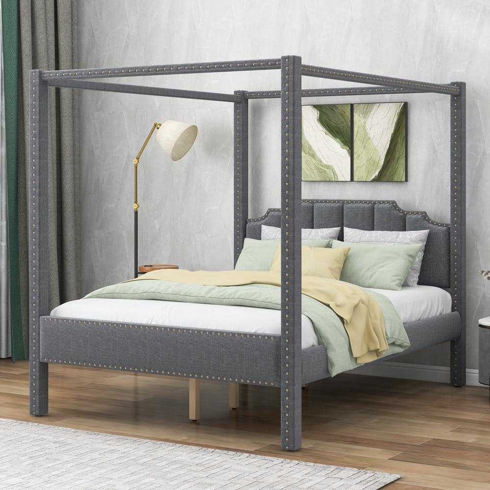 GODEER Gray Wood Frame Queen Size Upholstery Canopy Bed with Headboard
