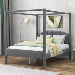 Gray Wood Frame Queen Size Upholstery Canopy Bed with Headboard, Support Legs