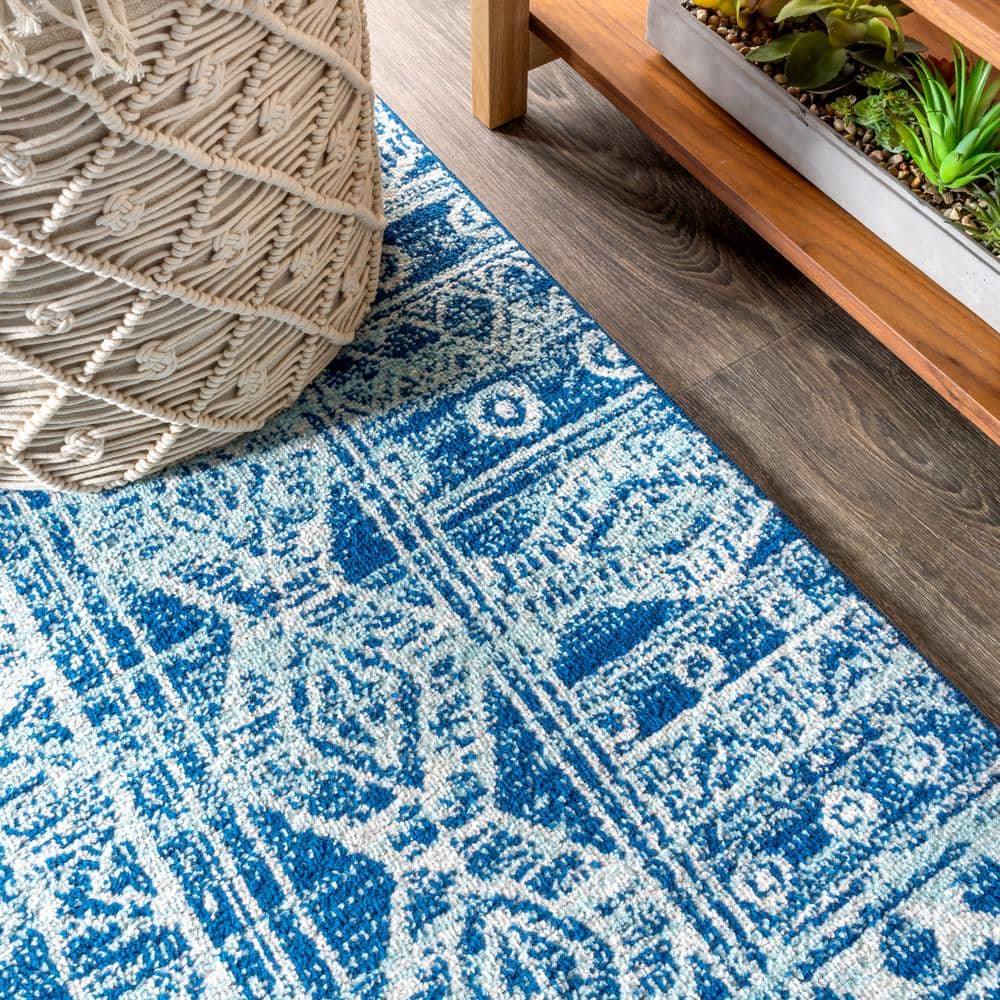 Blue and Gray Synthetic 8' x 10' Moroccan Pattern Area Rug