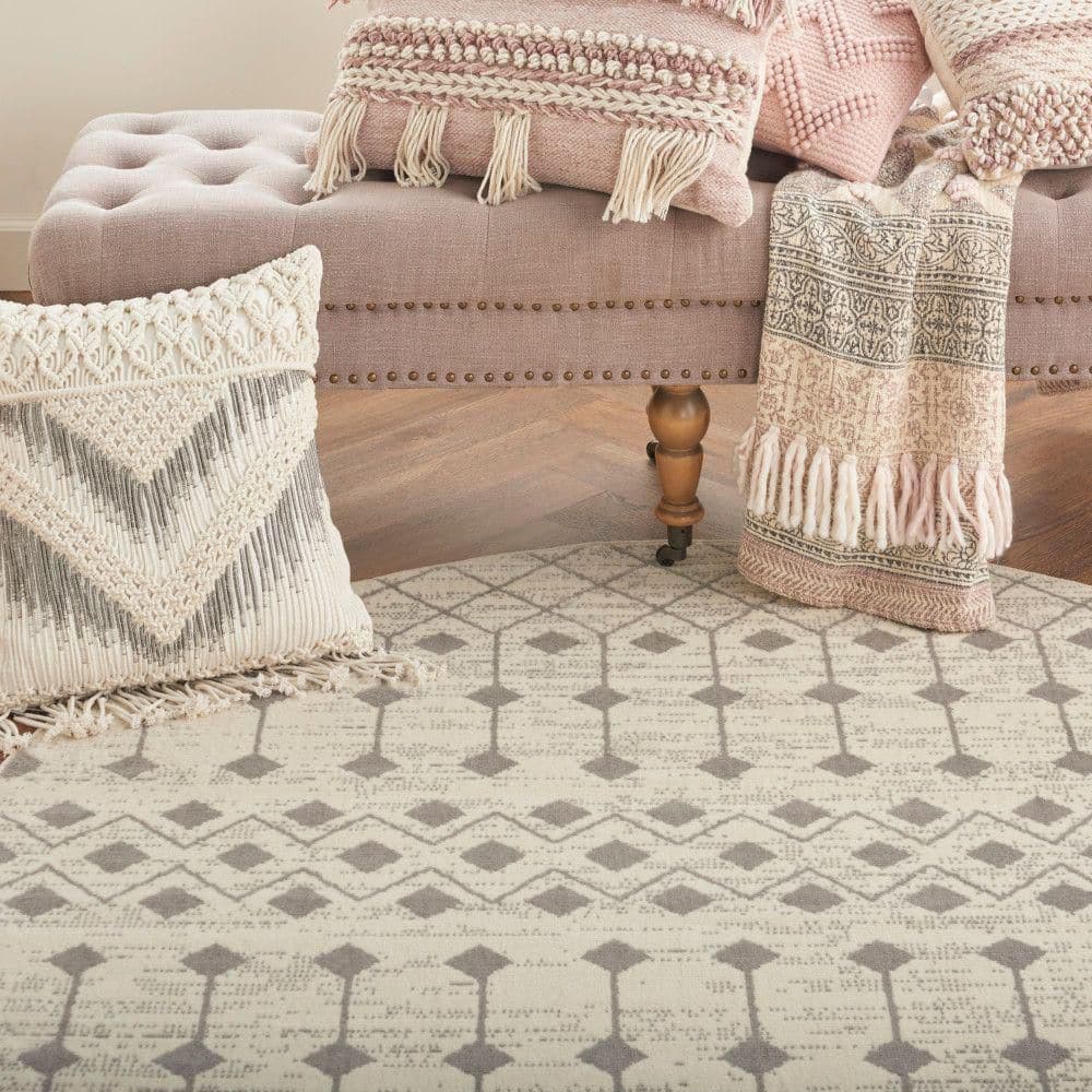 Ivory and Grey Geometric Round Synthetic Area Rug, 63"