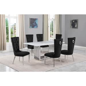 Lisa 7-Piece Rectangular White Marble Top Chrome Base Dining Set with Black Velvet Chairs Seats 6