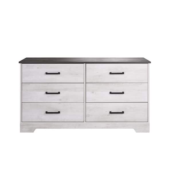 Prepac Rustic Ridge Washed White 6-Drawer 53.25 in. x 28.5 in. x 18.25 in. Dresser, Wooden Chest of Drawers for Bedroom