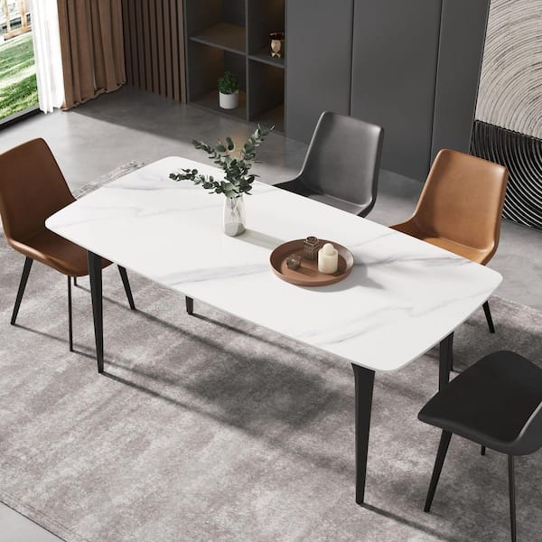 Magic Home 70.87 in. Rectangle White Round Edge Sintered Stone Top Black Metal 4 Legs Dining Table (Seats 6)