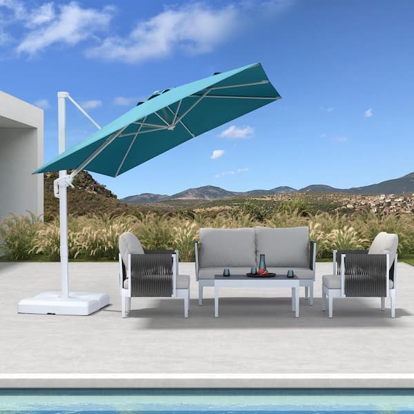 PURPLE LEAF 8 ft. Square Outdoor Patio Cantilever Umbrella White Aluminum Offset 360° Rotation Umbrella in Turquoise