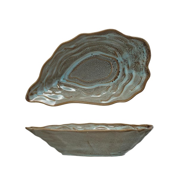 Storied Home 11.5 in. 20.3 fl. oz. Blue Stoneware Oyster Shell Shaped Serving Bowl