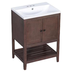 23.7 in. W x 17.8 in. D x 33.6 in. H Bathroom Vanity in Brown with Ceramic Top Basin Solid Frame Bathroom Cabinet