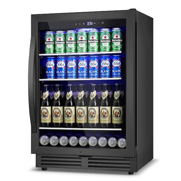 23.42 in. Single Zone 225-Can Built-in Beverage Cooler with Reversible Door Auto Blue Lighting Beer Fridge in Black