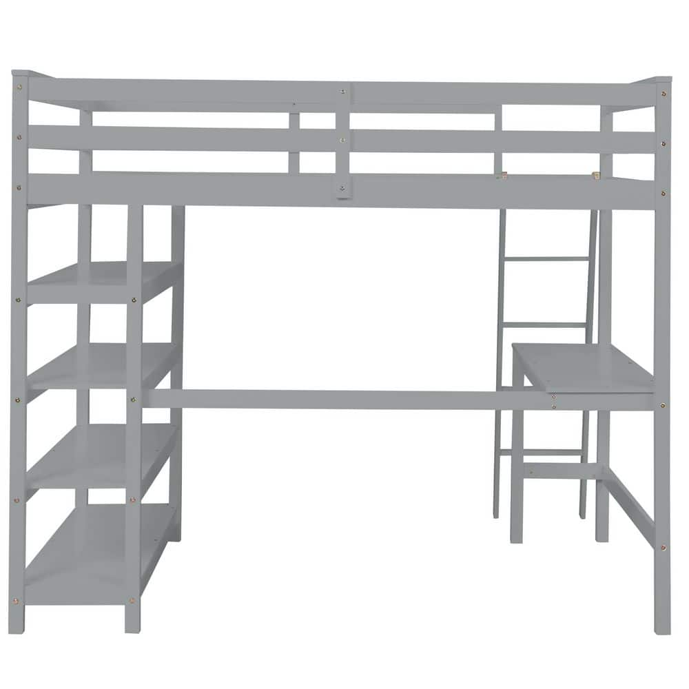 ANBAZAR Gray Full Loft Bed with Bookshelves and Desk Sturdy Wooden Kids ...