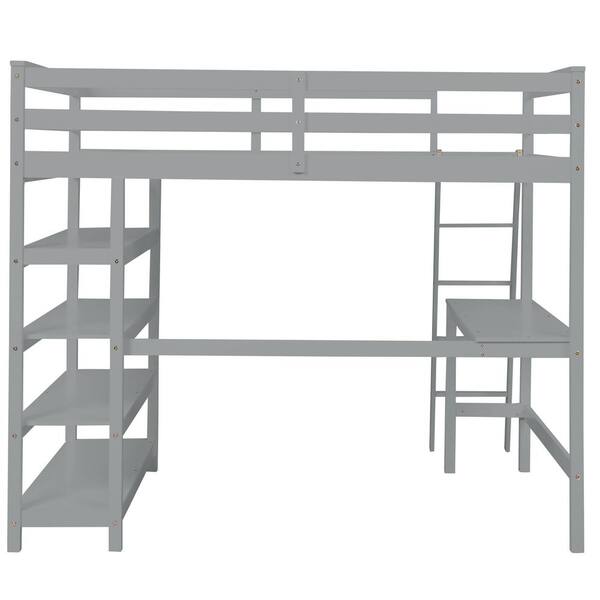 ANBAZAR Gray Full Loft Bed with Bookshelves and Desk Sturdy Wooden Kids Loft Bed Frame with