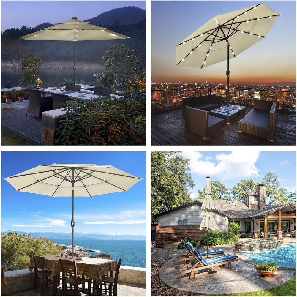 10ft Beige Solar LED Outdoor Patio Umbrella with Steel Pole