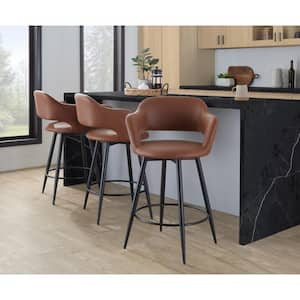 Margarite 25.25 in. Brown Faux Leather and Black Metal Fixed-Height Counter Stool with Tapered Metal Legs (Set of 2)