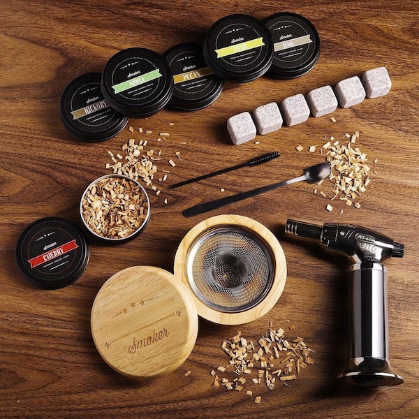 Wudkey Black Cocktail Smoker Kit with Torch and 6 Flavors Wood