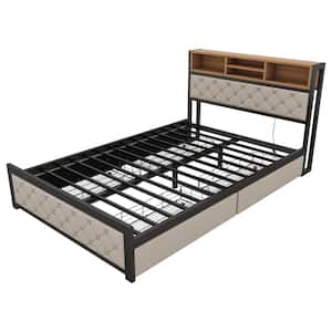 Beige Metal Frame Full Size Platform Bed with USB Port and 4-Drawers