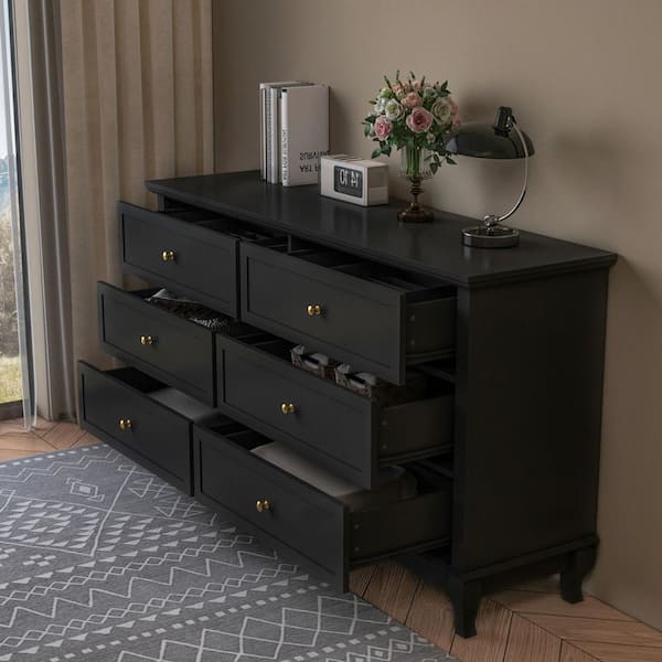 FUFU GAGA 6 Drawers Eco Friendly Paint Finish Black Wood Dresser Vanity Cabinet 55.1 in. W x 15.7 in. D x 31.5 in. H KF330032 01 c
