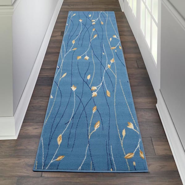 Grafix Light Blue 2 ft. x 8 ft. Floral Contemporary Kitchen Runner Area Rug