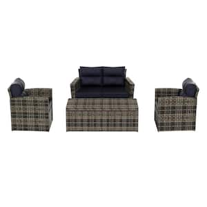 Alpine 4-Piece Rattan Wicker Patio Conversation Set with Navy Blue Cushions