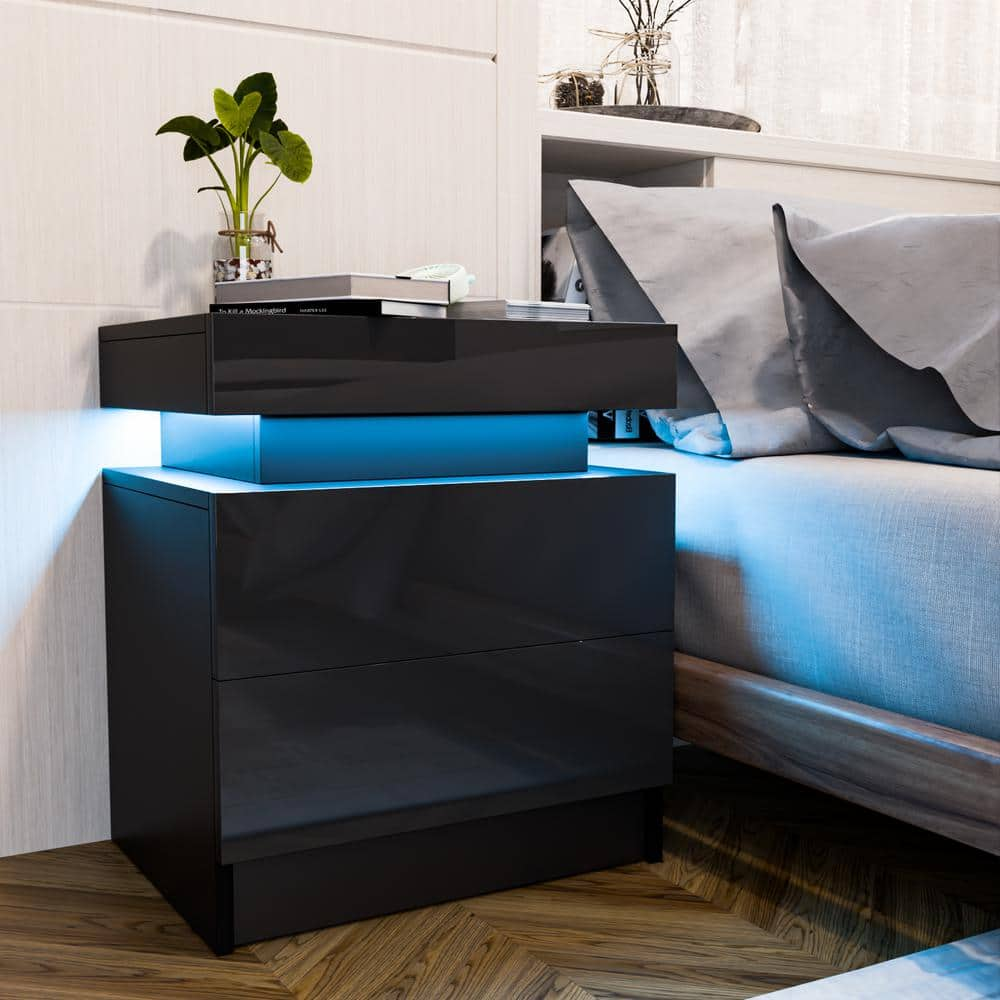 2-Drawer Black LED Nightstand 20.5 in. H x 17.7 in. W x 13.8 in. D -  WOODYHOME, SKUK09912