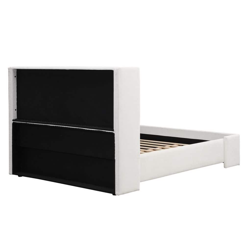 Elegant Modern White Fabric Upholstered Wood Frame King Size Platform Bed with Wingback Tall Headboard - thumbnail 4